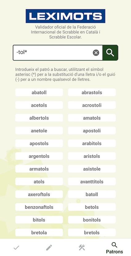 guionet i asterisc en cercador de patrons de app Leximots